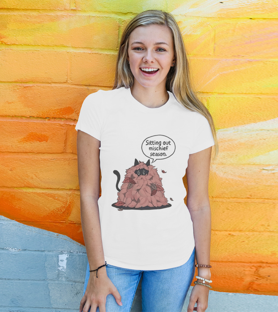 Sitting Out Mischief Season Cat Autumn Leaves T-Shirt