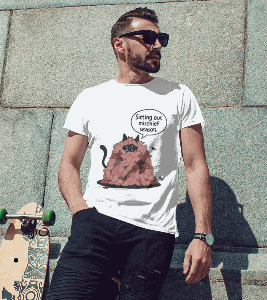 Sitting Out Mischief Season Cat Autumn Leaves T-Shirt