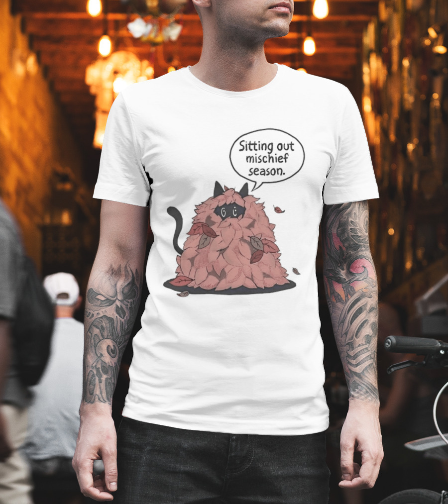 Sitting Out Mischief Season Cat Autumn Leaves T-Shirt