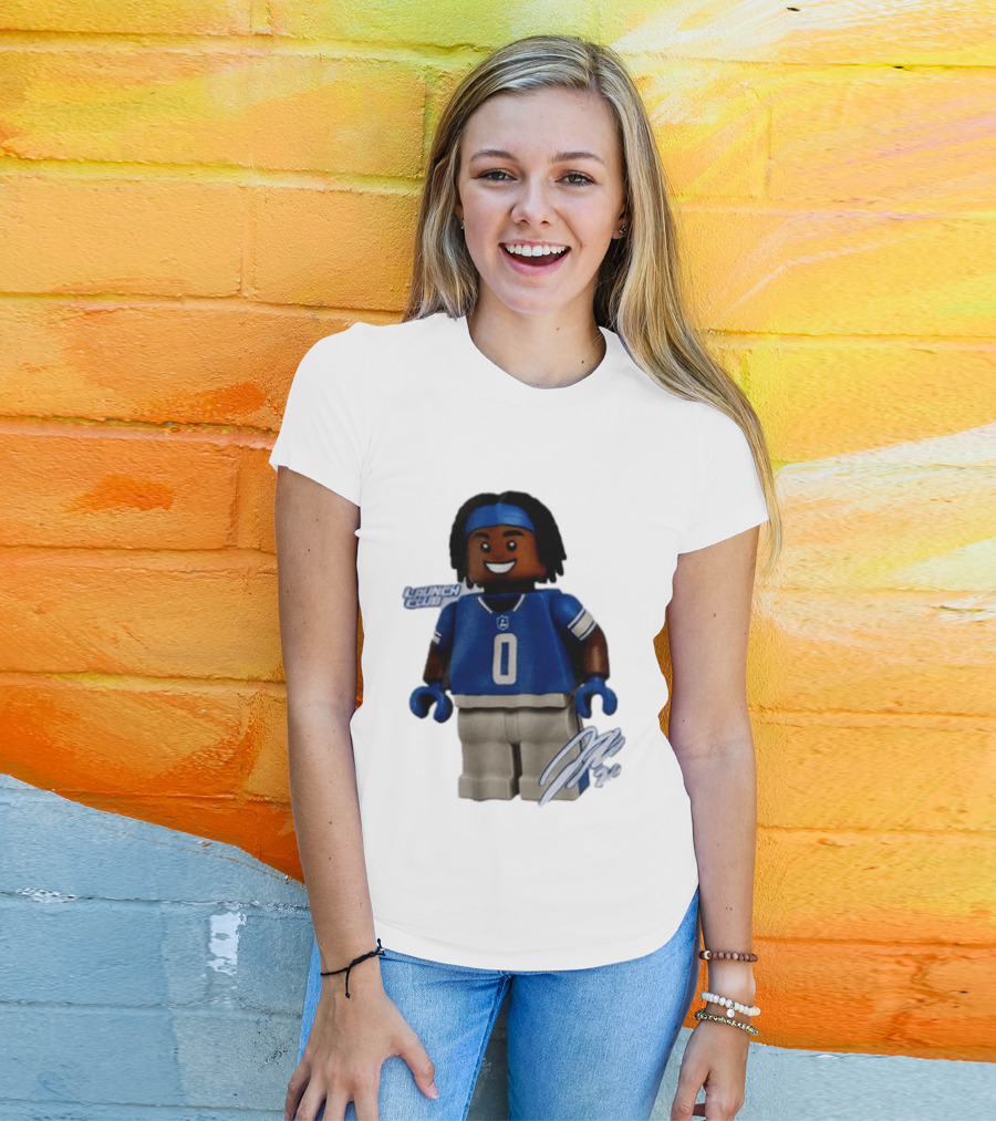 Detroit Lions Jahmyr Gibbs Lego Minifigure Launch Club Football Player T-Shirt