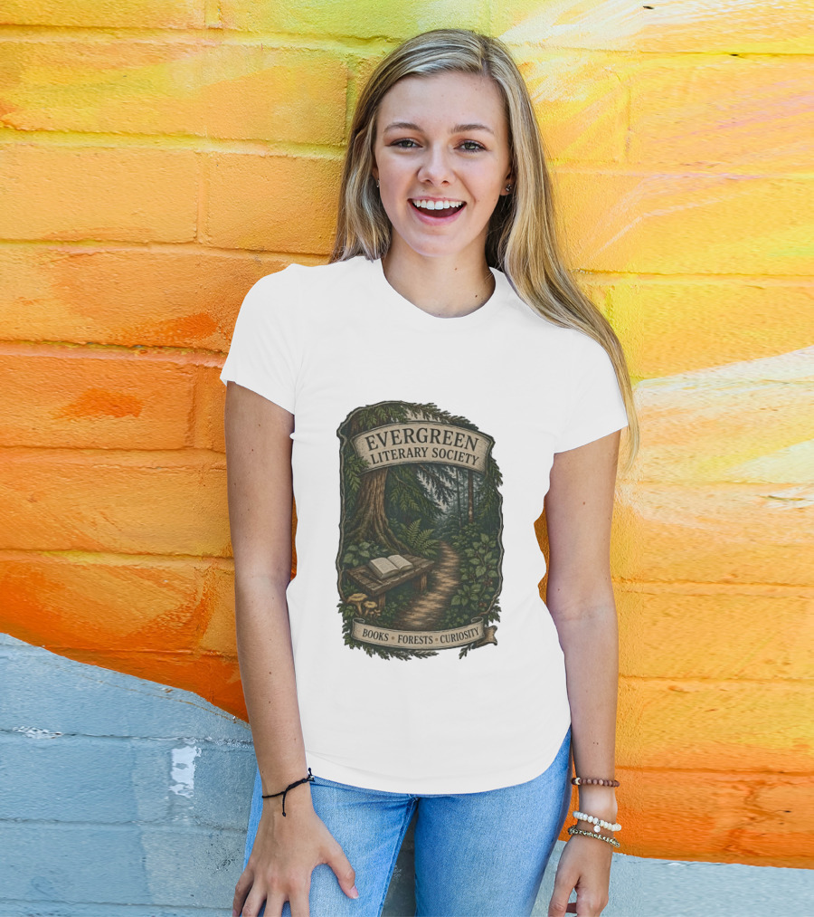 Evergreen Literary Society Books Forests Curiosity Pathway Through Trees T-Shirt