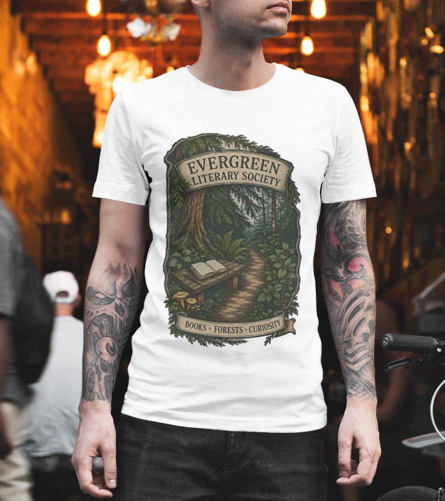 Evergreen Literary Society Books Forests Curiosity Pathway Through Trees T-Shirt