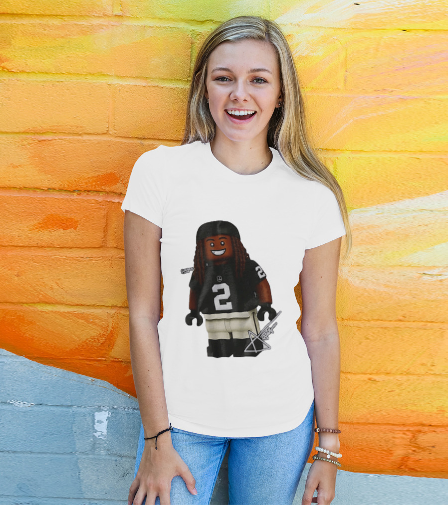 Las Vegas Raiders Running Back Ashton Jeanty 2 Lego Minifigure With Football Helmet T-Shirt