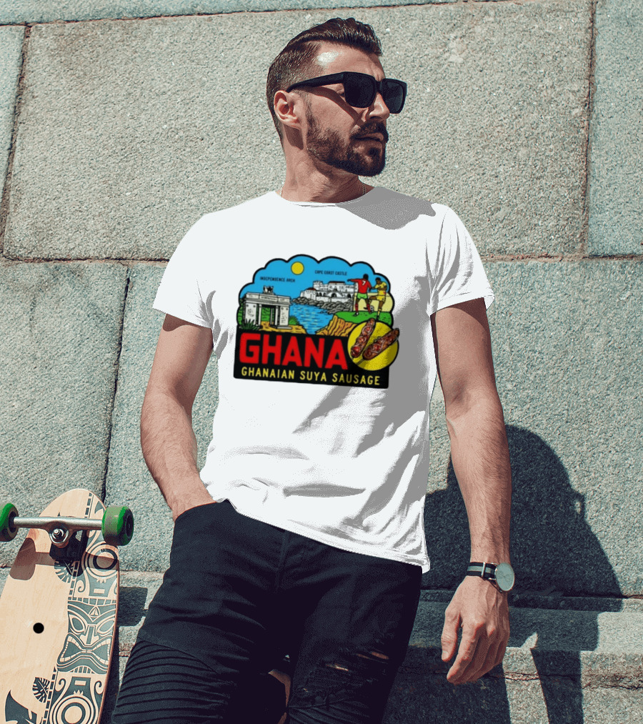 Ghana Cape Coast Castle Independence Arch Ghanaian Suya Sausage Soccer Scene T-Shirt