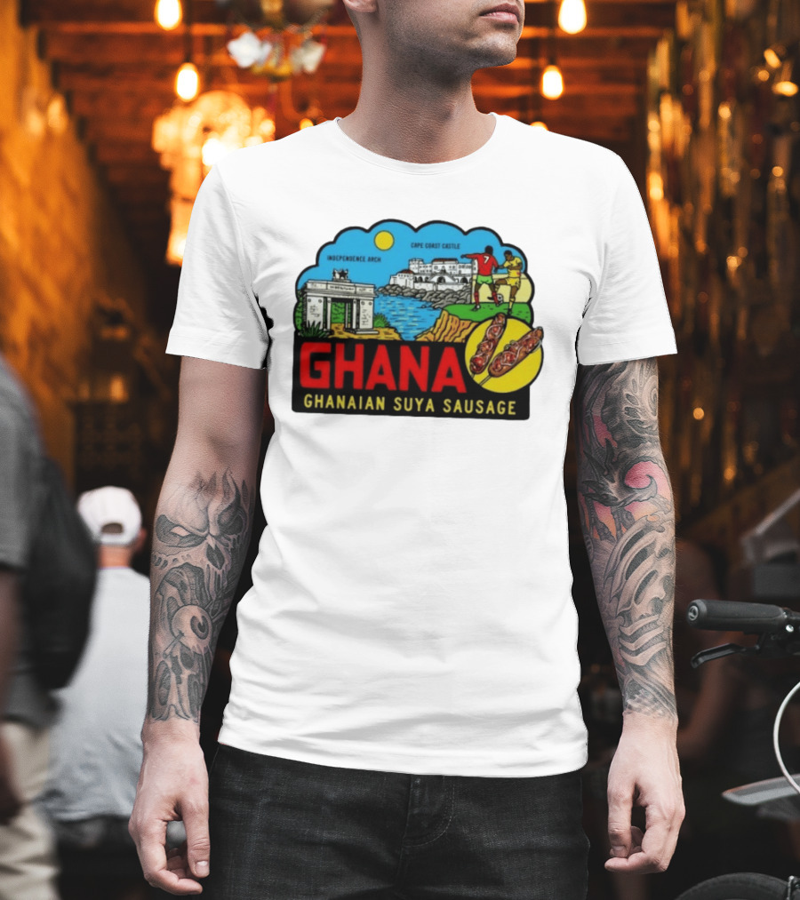 Ghana Cape Coast Castle Independence Arch Ghanaian Suya Sausage Soccer Scene T-Shirt