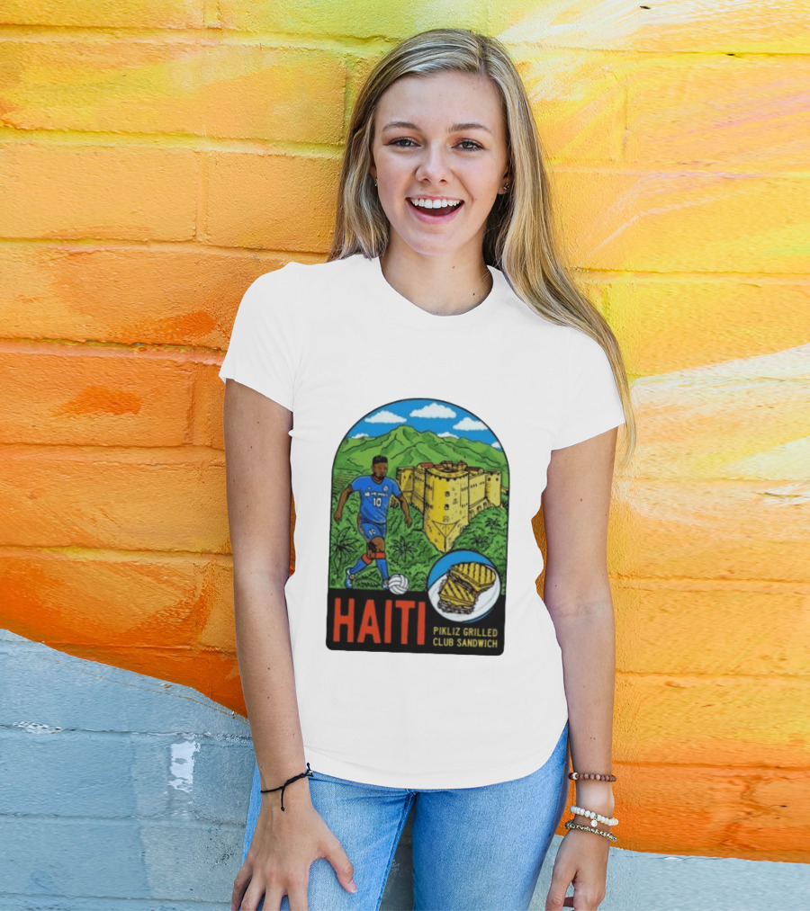 Haiti Soccer Player Pikliz Grilled Club Sandwich Historical Fortress Mountain Scene T-Shirt