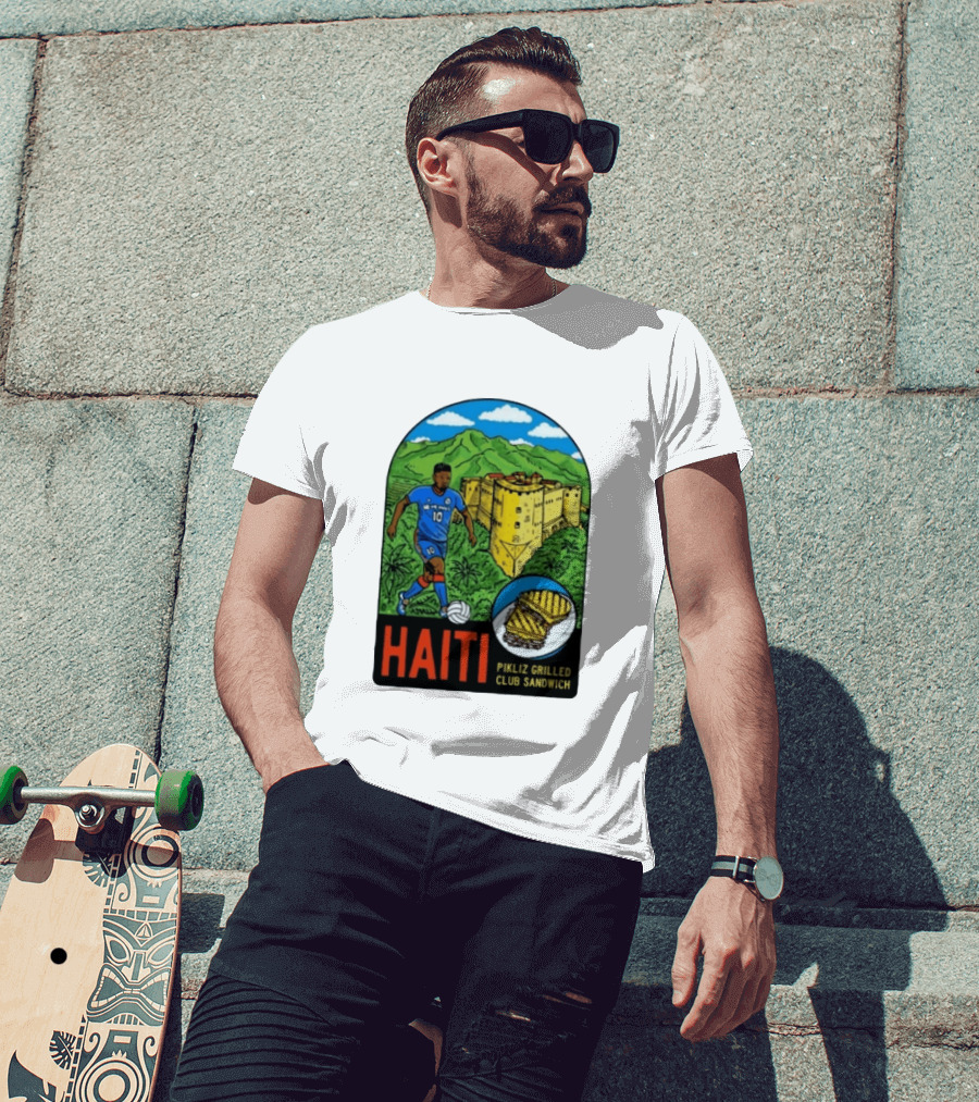 Haiti Soccer Player Pikliz Grilled Club Sandwich Historical Fortress Mountain Scene T-Shirt