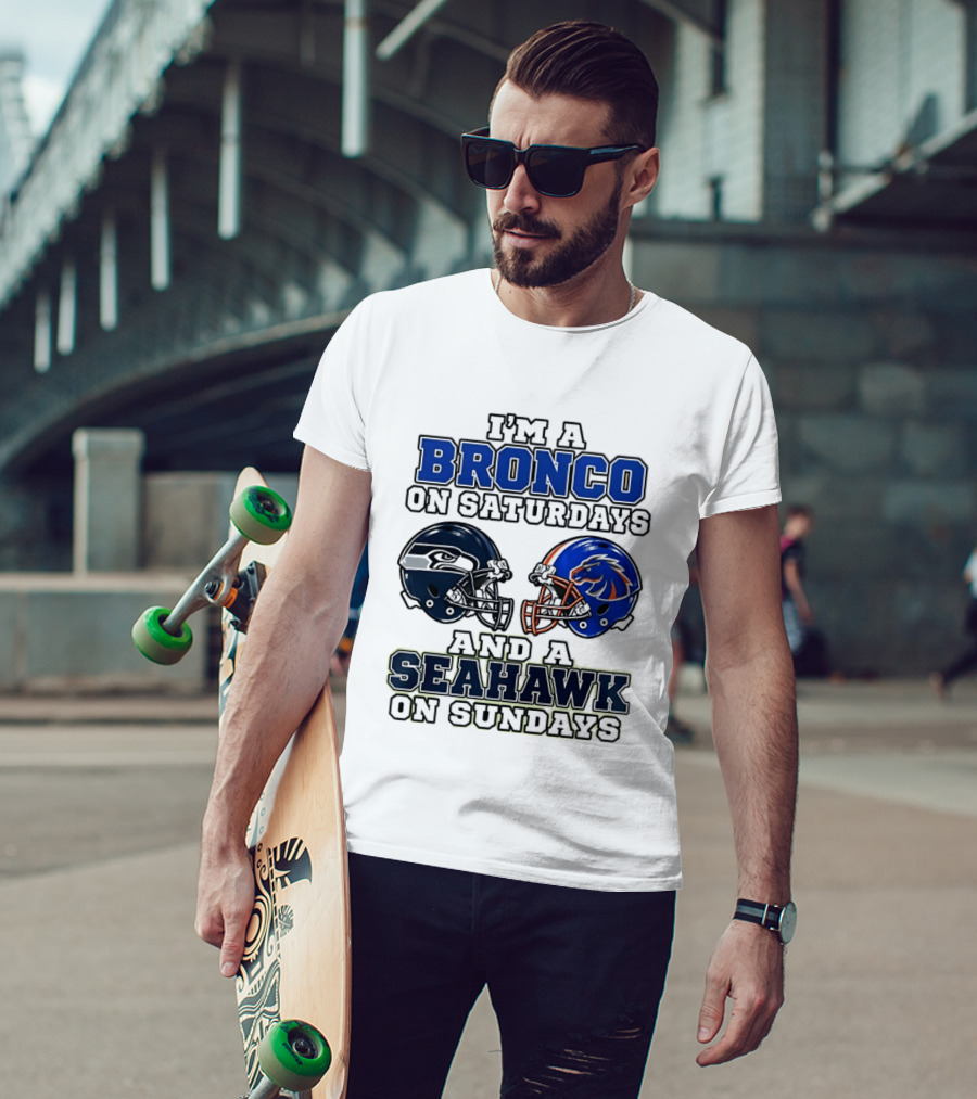 I'm A Bronco On Saturdays And A Seahawk On Sundays Football Helmets T-Shirt