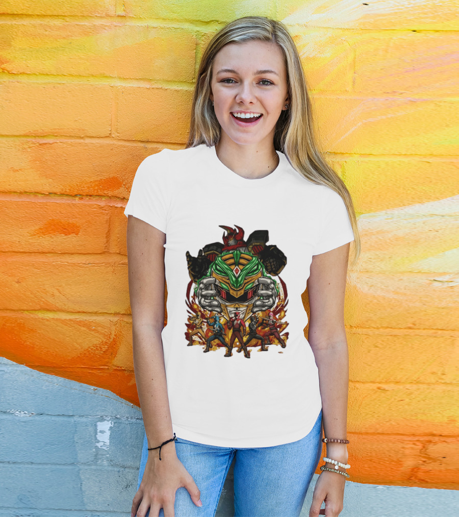 Mighty Morphin Power Rangers Green Ranger Dragonzord Helmet And Team Pose T-Shirt