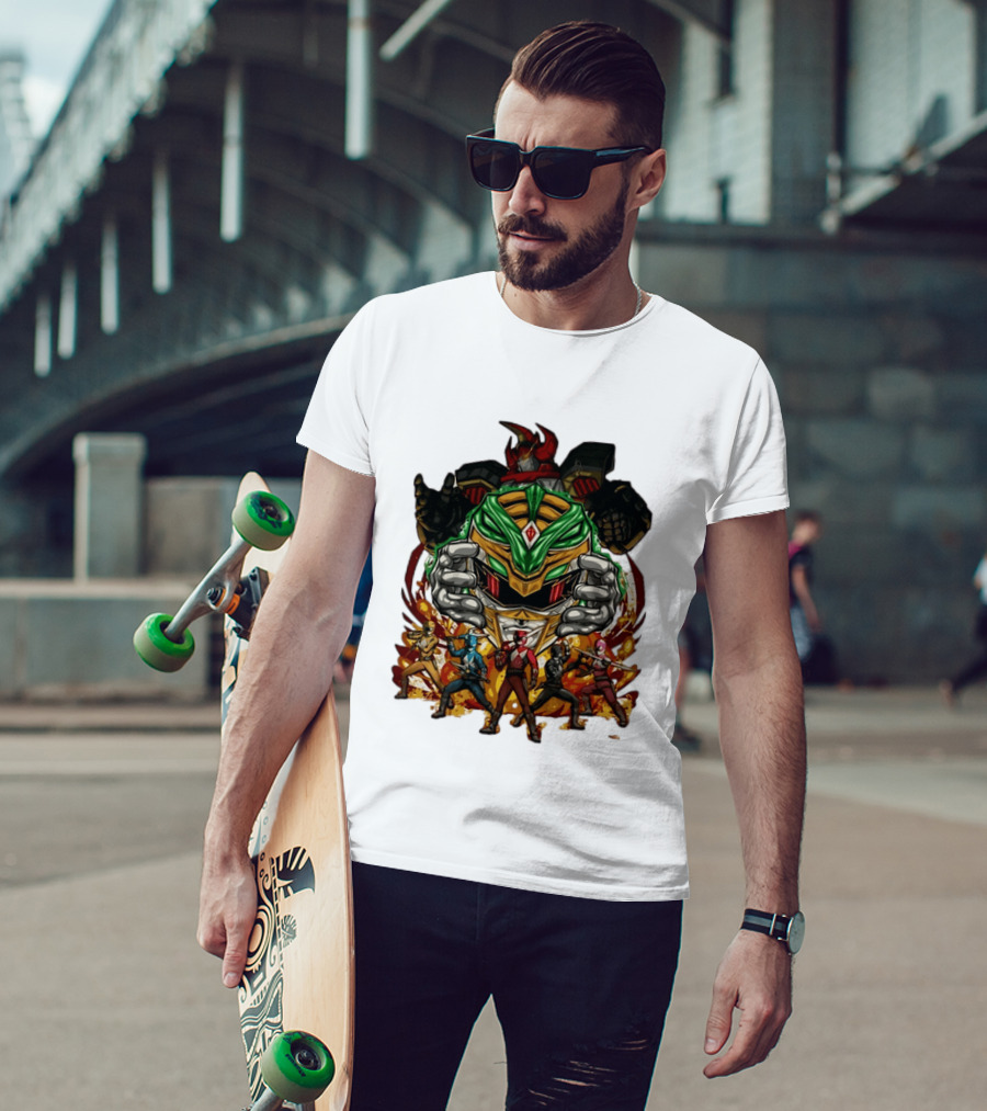 Mighty Morphin Power Rangers Green Ranger Dragonzord Helmet And Team Pose T-Shirt