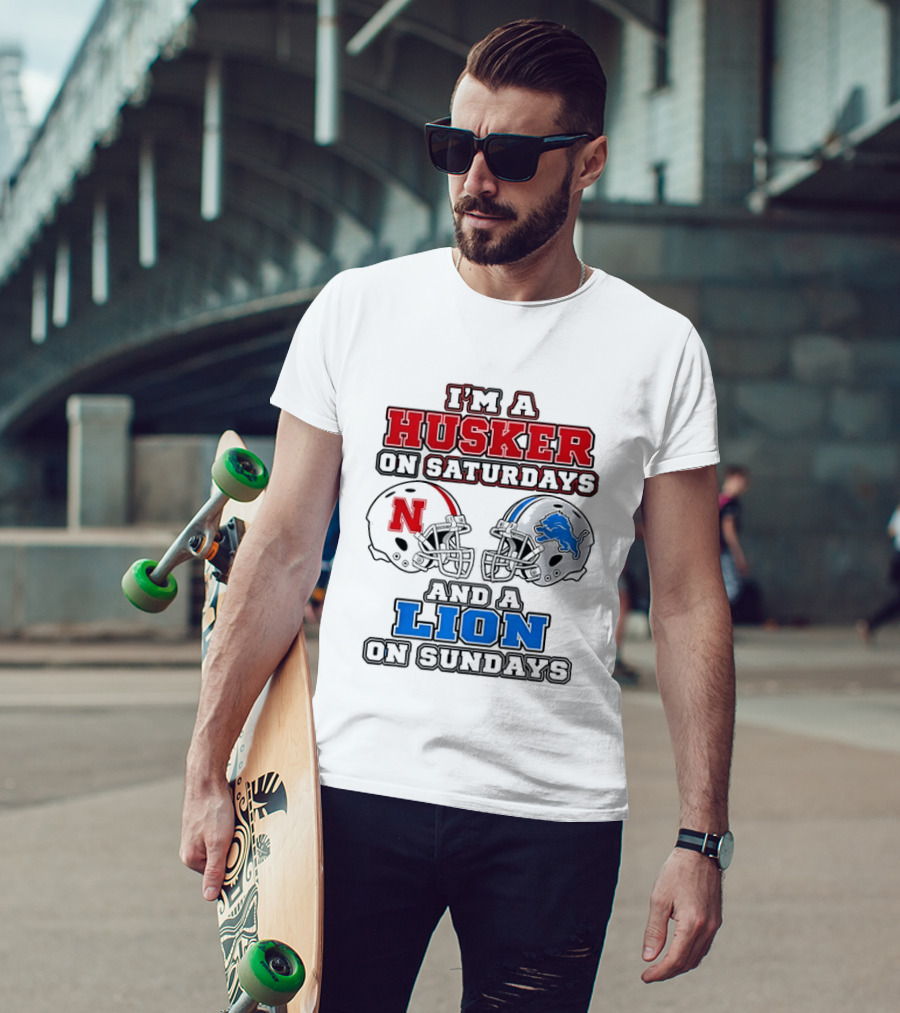 Husker On Saturdays And Lion On Sundays Football Helmets T-Shirt