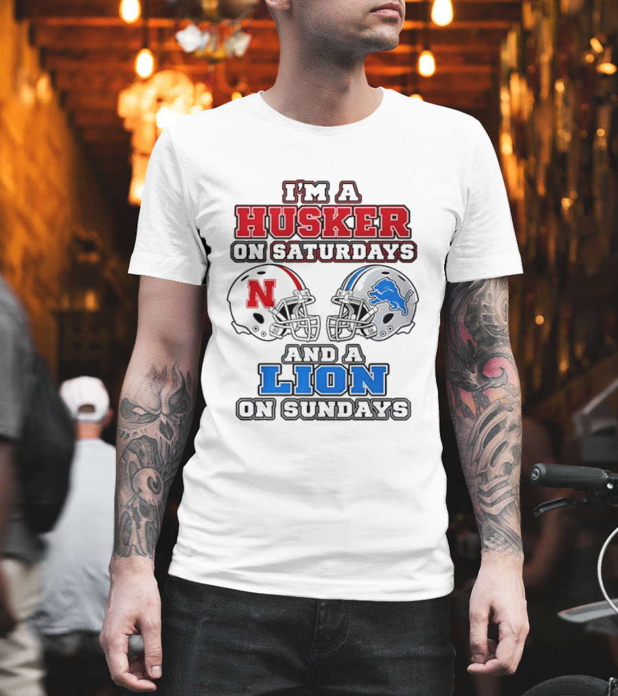 Husker On Saturdays And Lion On Sundays Football Helmets T-Shirt