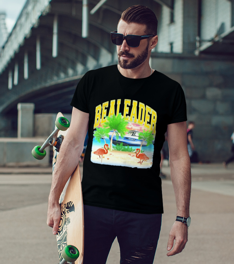 Bealeader Tropical Beach Scene With Palm Trees, Boat, And Flamingos T-Shirt