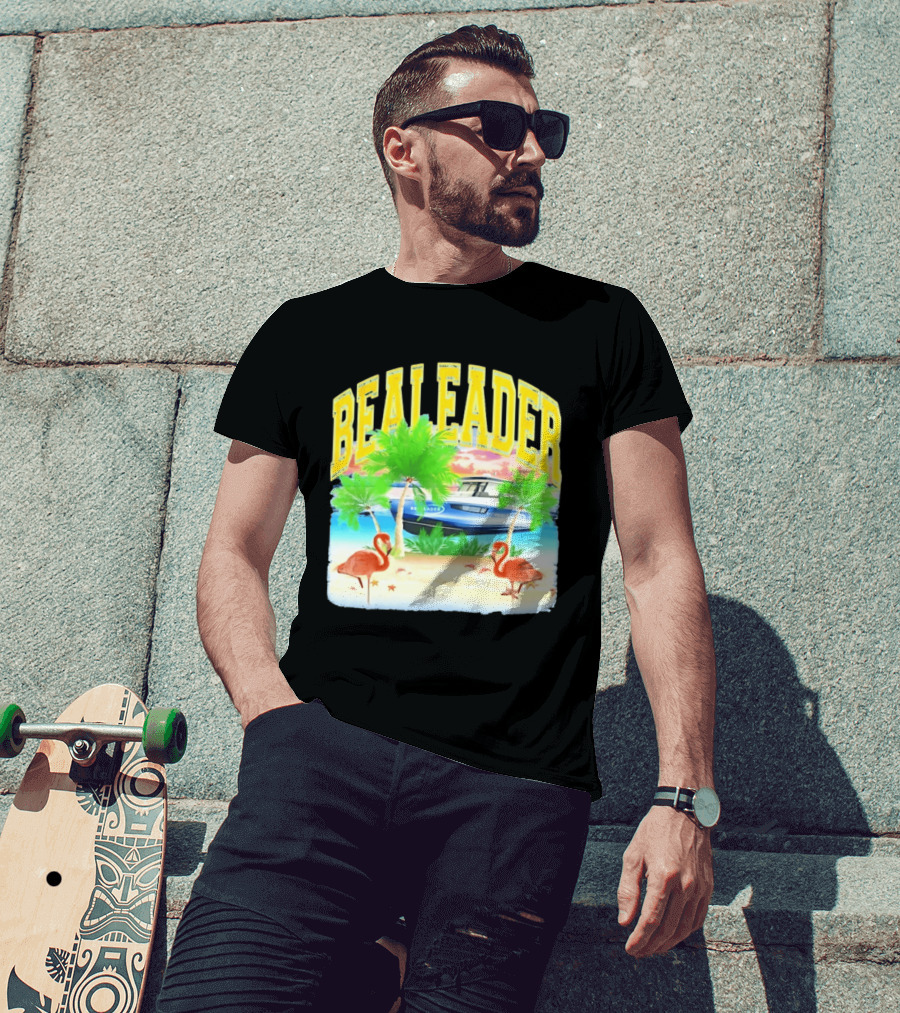 Bealeader Tropical Beach Scene With Palm Trees, Boat, And Flamingos T-Shirt