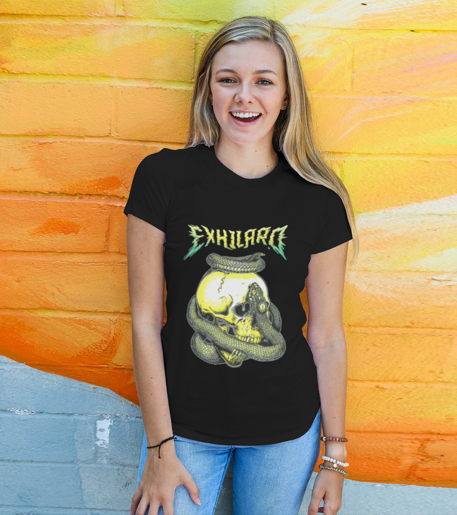 Exhilaro Venomous Serpent Coiled Around Yellow Human Skull T-Shirt