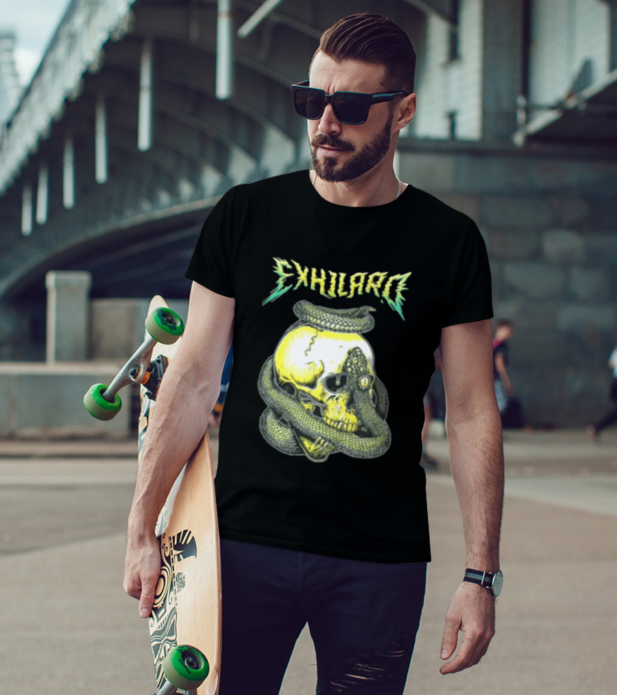 Exhilaro Venomous Serpent Coiled Around Yellow Human Skull T-Shirt