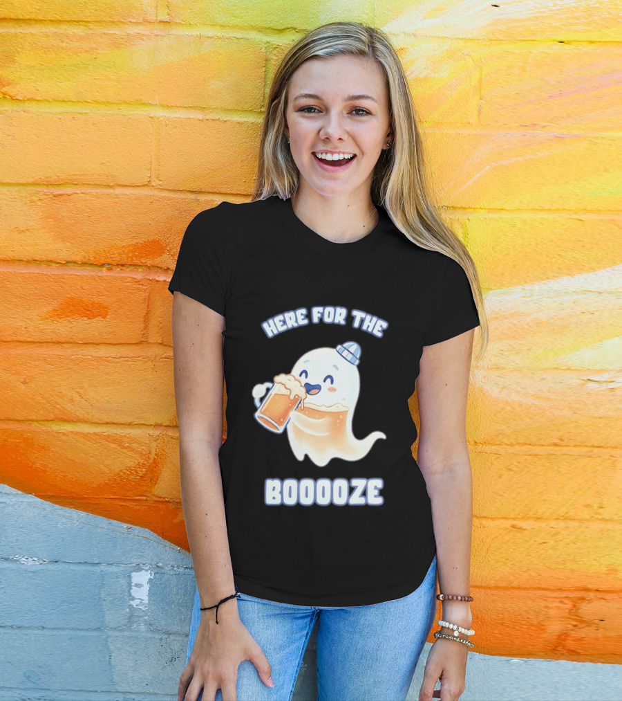 Here For The Booooze Ghost Drinking Beer Fun Halloween T-Shirt