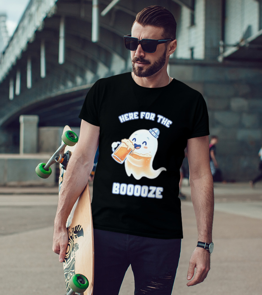 Here For The Booooze Ghost Drinking Beer Fun Halloween T-Shirt