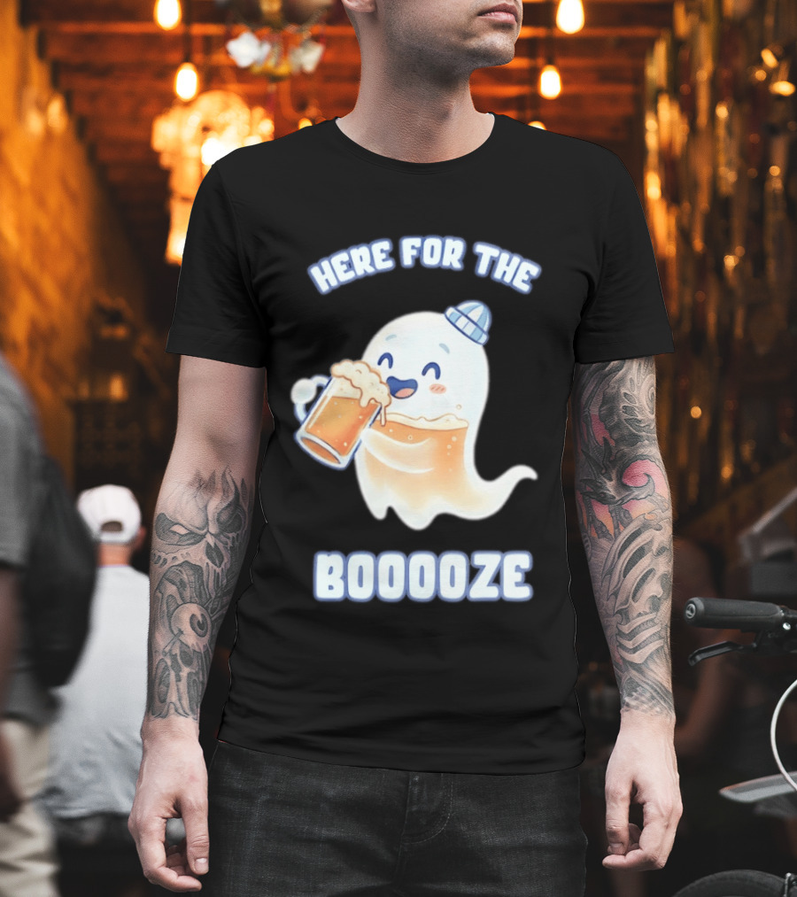Here For The Booooze Ghost Drinking Beer Fun Halloween T-Shirt