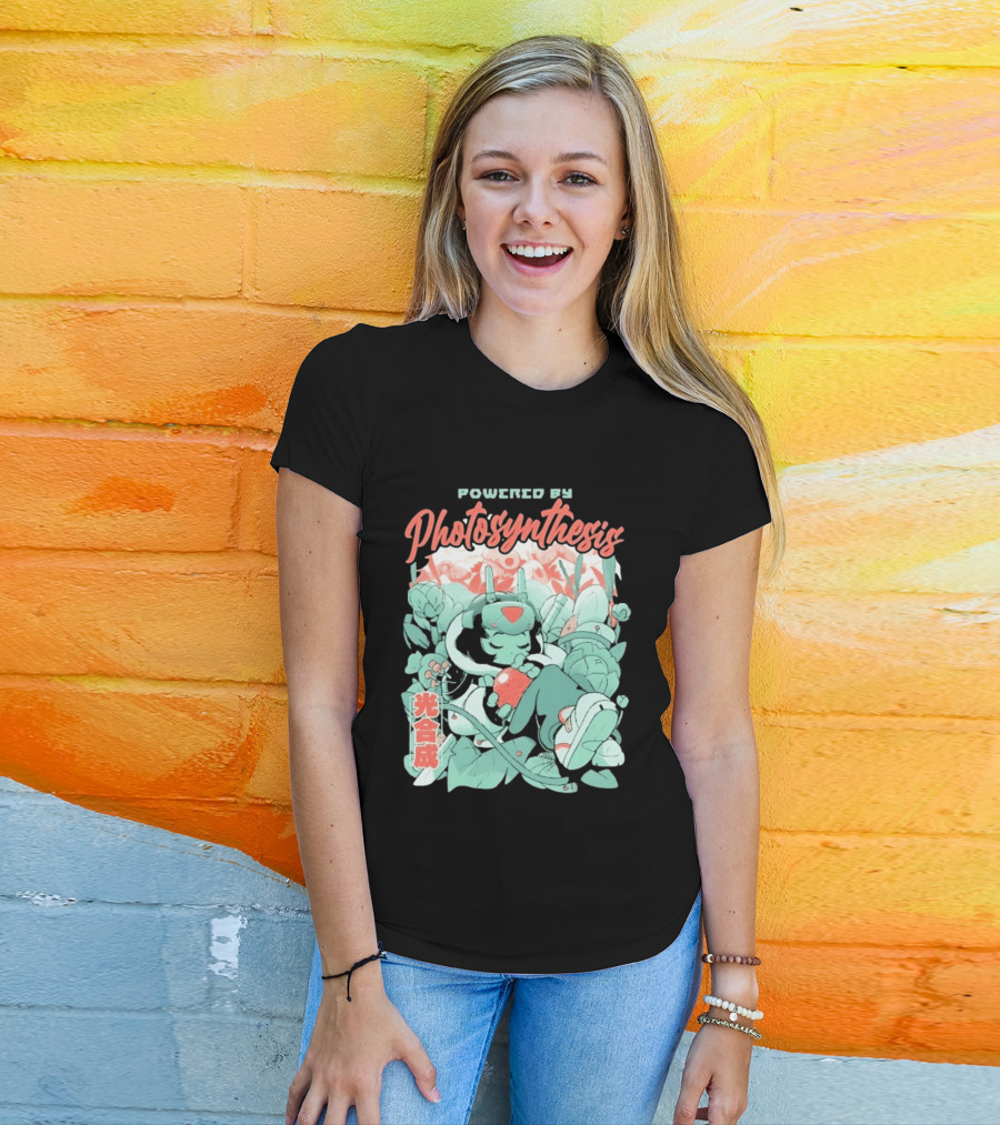 Powered By Photosynthesis Anime Kanji Characters And Cute Green Robot T-Shirt