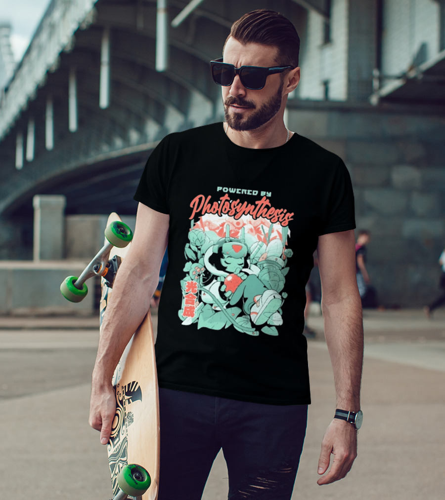 Powered By Photosynthesis Anime Kanji Characters And Cute Green Robot T-Shirt