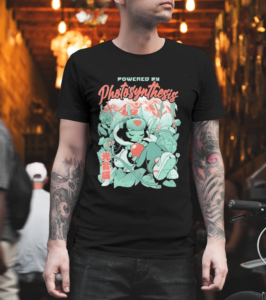 Powered By Photosynthesis Anime Kanji Characters And Cute Green Robot T-Shirt