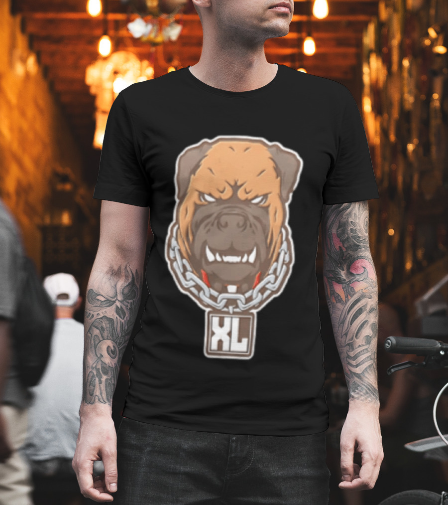 XL Angry Growling Dog Head Chain Collar Tag Cartoon Caricature T-Shirt