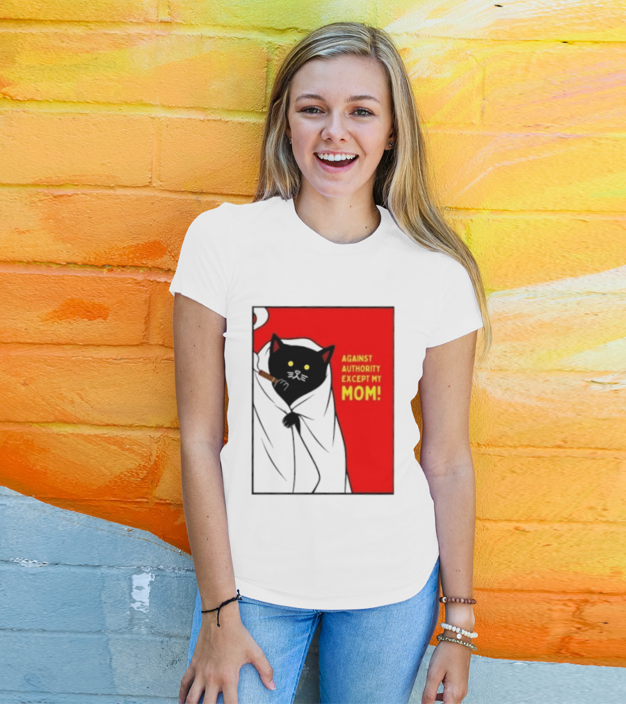 Black Cat Against Authority Except My Mom Smoking Cloaked Yellow Eyes Red T-Shirt