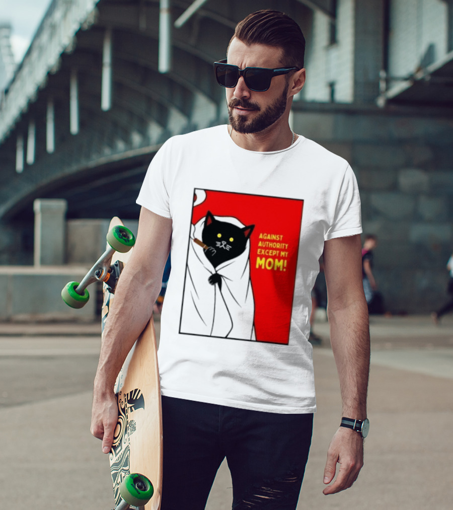 Black Cat Against Authority Except My Mom Smoking Cloaked Yellow Eyes Red T-Shirt