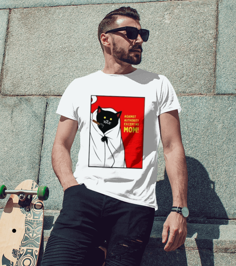 Black Cat Against Authority Except My Mom Smoking Cloaked Yellow Eyes Red T-Shirt