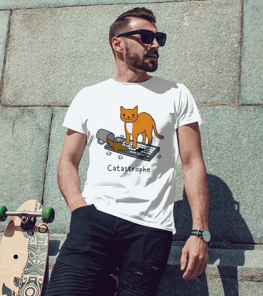 Catastrophe Orange Cat Spilling Coffee On Keyboard T-Shirt
