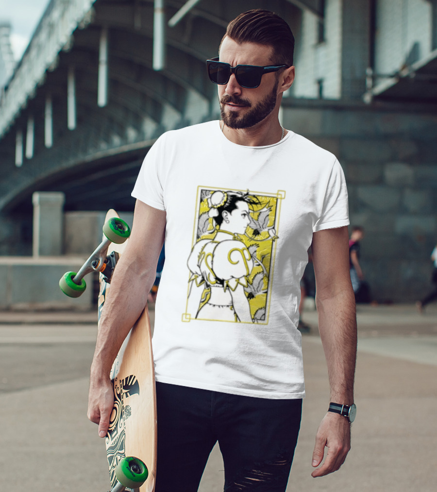 Chun Li Profile Flying Cranes Yellow Frame Line T-Shirt