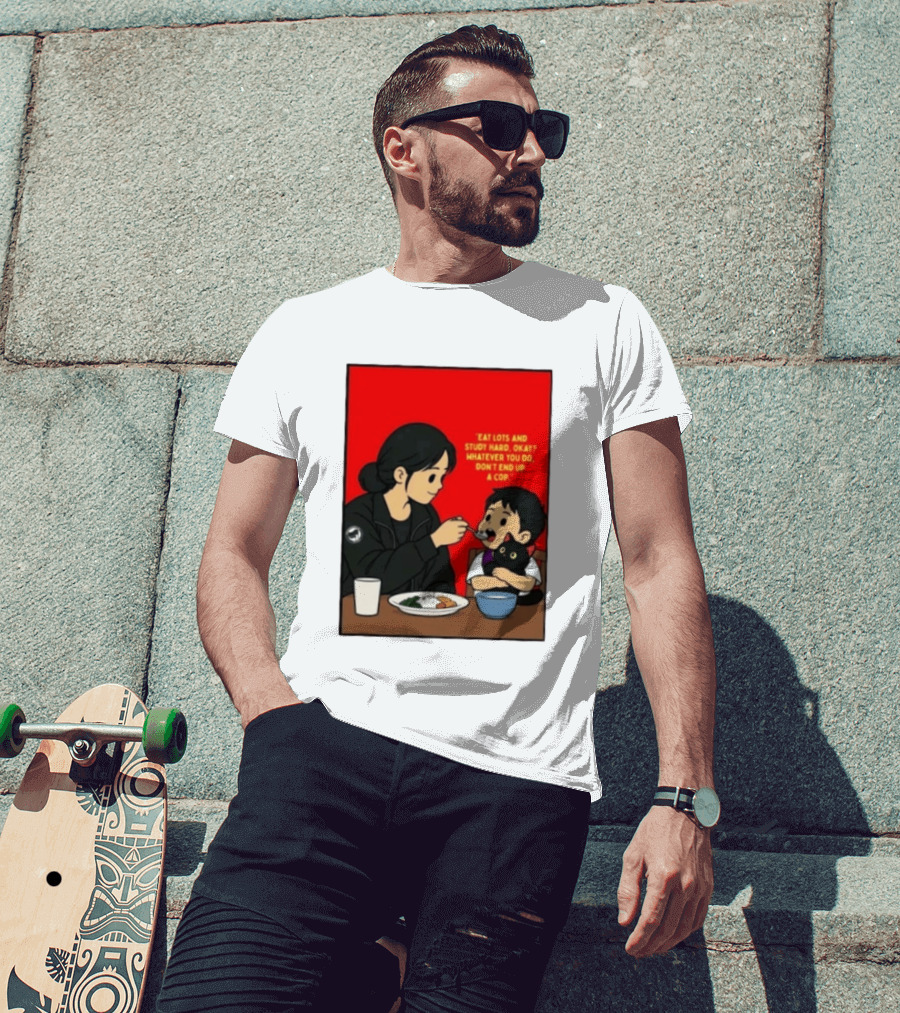 Eat Lots Study Hard Don't End Up A Cop Mother Feeding Child With Black Cat And Red T-Shirt