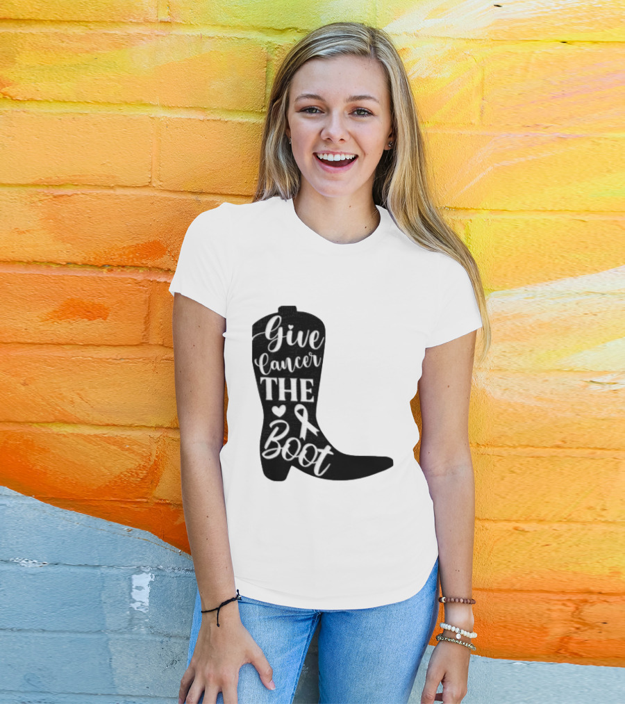 Give Cancer The Boot Awareness Ribbon Western Cowboy Boot T-Shirt