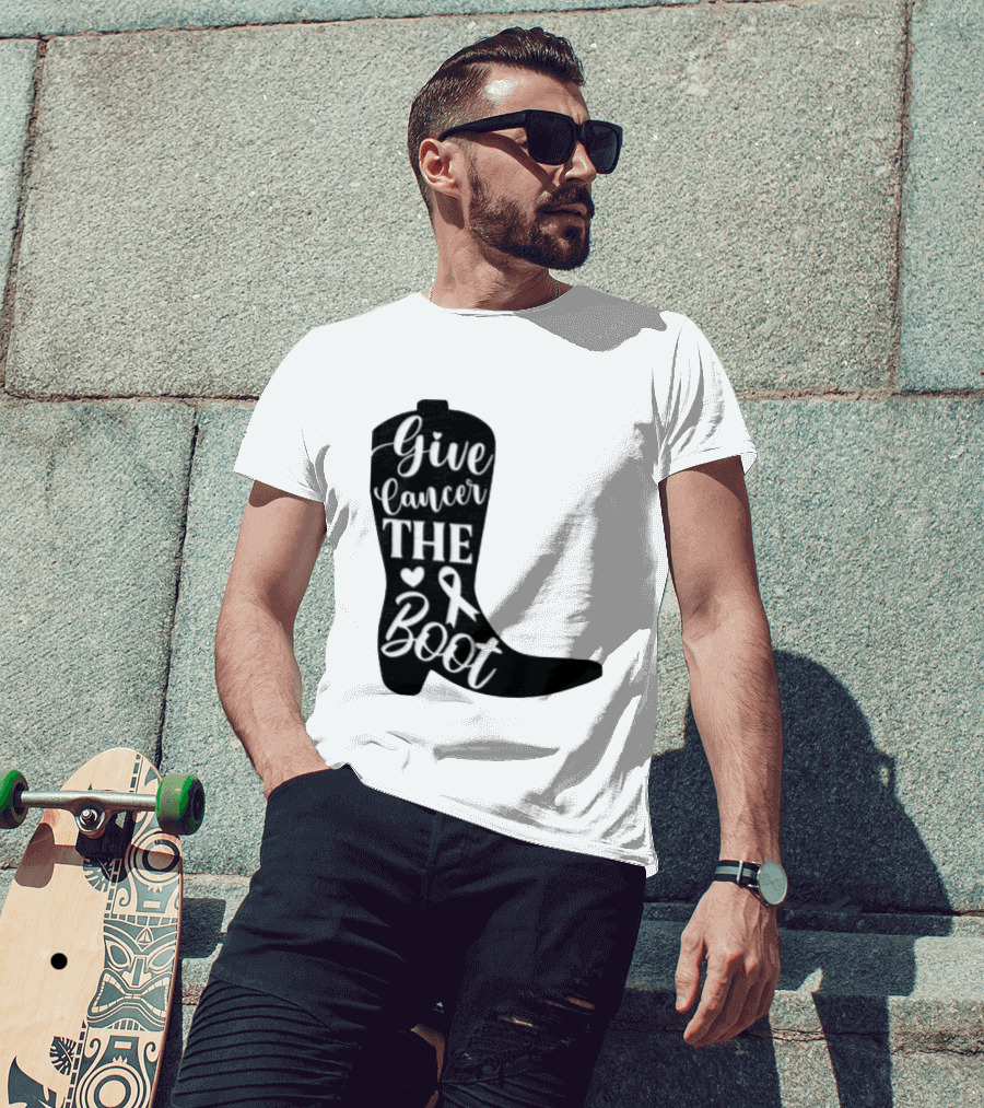 Give Cancer The Boot Awareness Ribbon Western Cowboy Boot T-Shirt