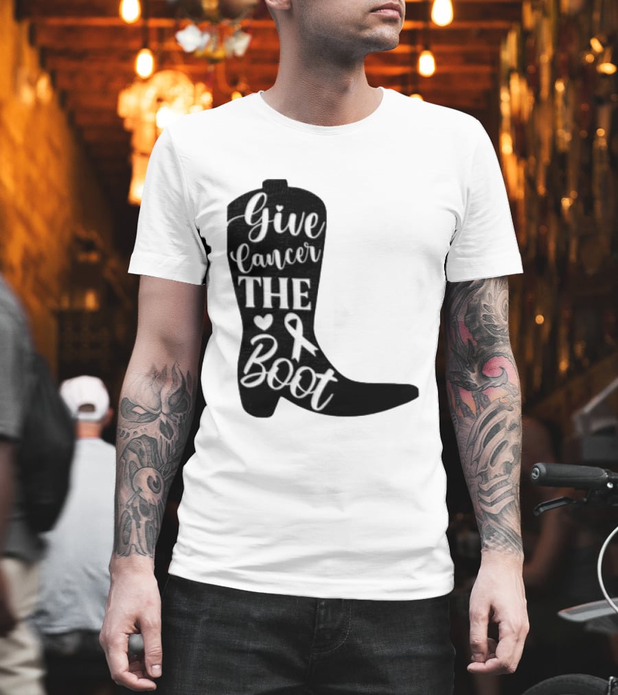 Give Cancer The Boot Awareness Ribbon Western Cowboy Boot T-Shirt