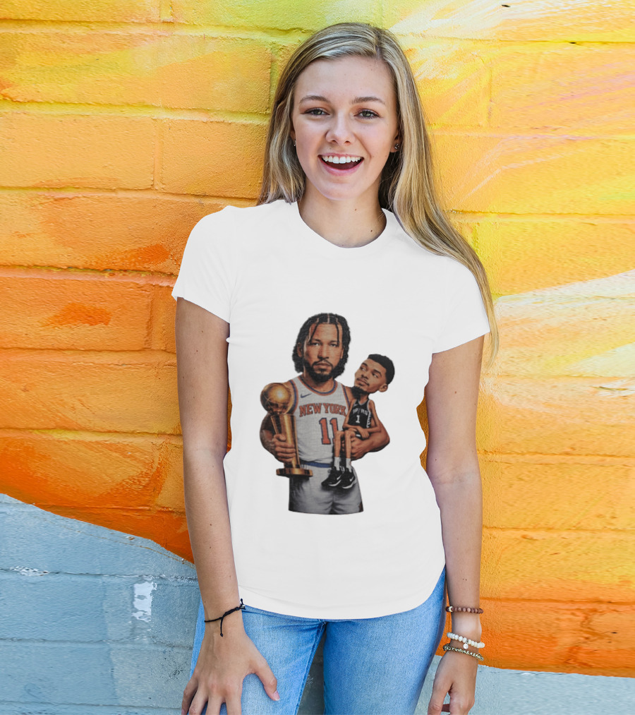 New York Knicks Jalen Brunson Embraces San Antonio Spurs Victor Wembanyama NBA Trophy T-Shirt