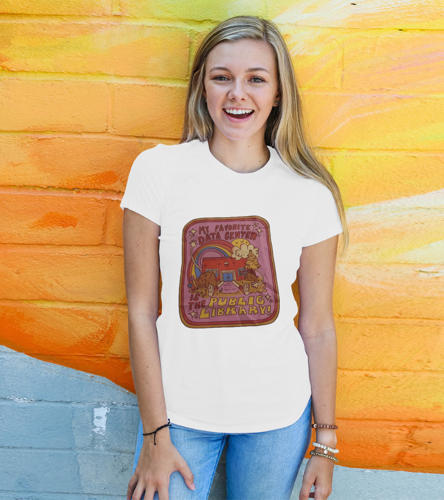 My Favorite Data Center Is The Public Library Rainbow Cartoon Library Scene T-Shirt