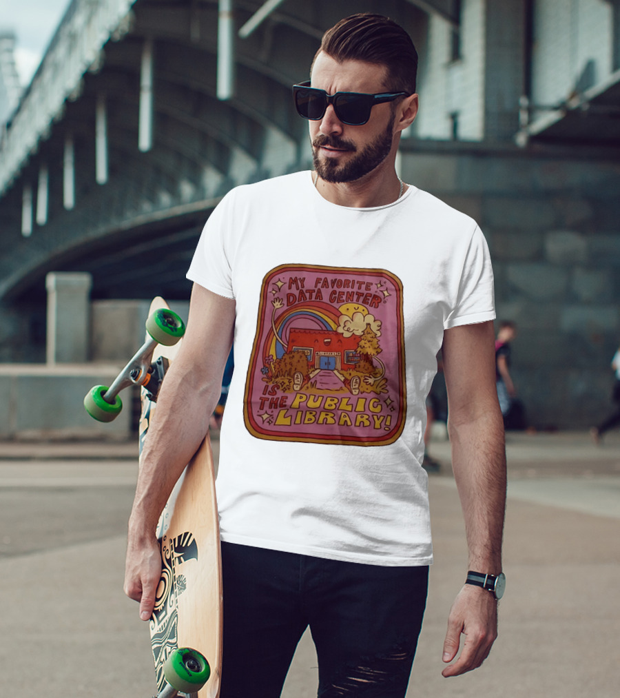 My Favorite Data Center Is The Public Library Rainbow Cartoon Library Scene T-Shirt