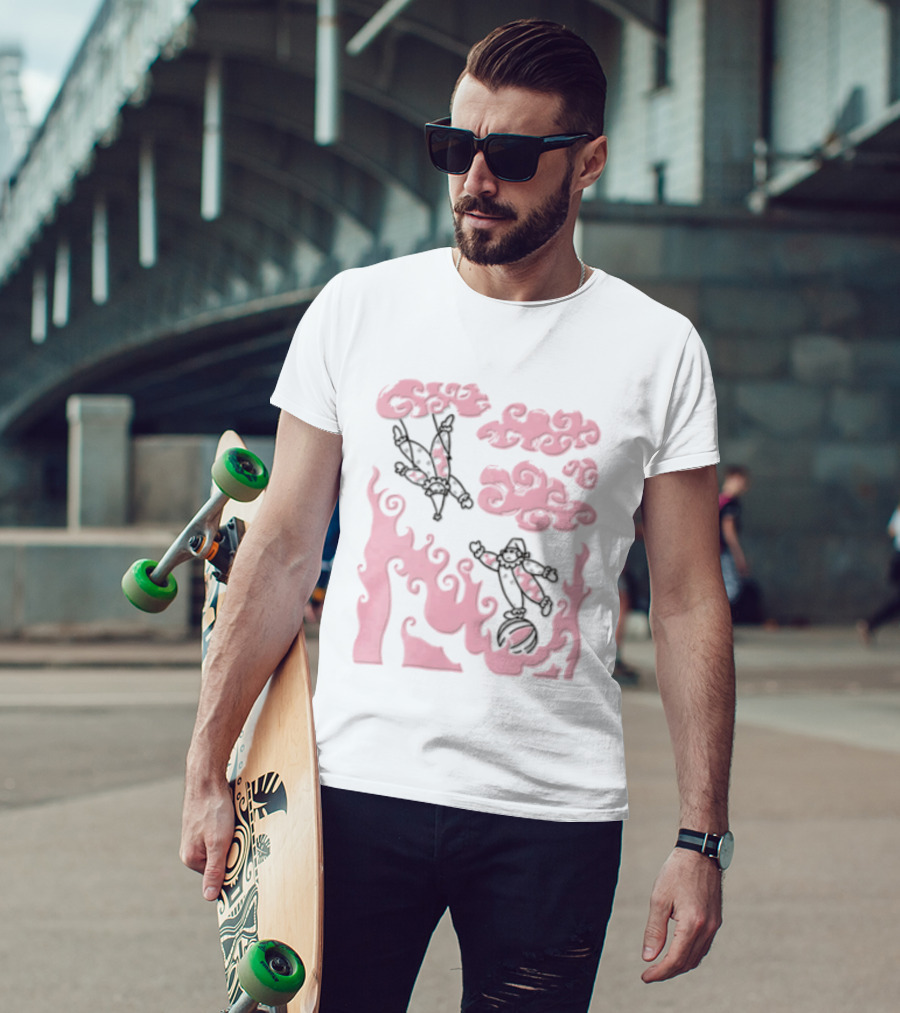 Pink Pastel Cartoon Circus Clowns Trapeze Ball Clouds Flames T-Shirt