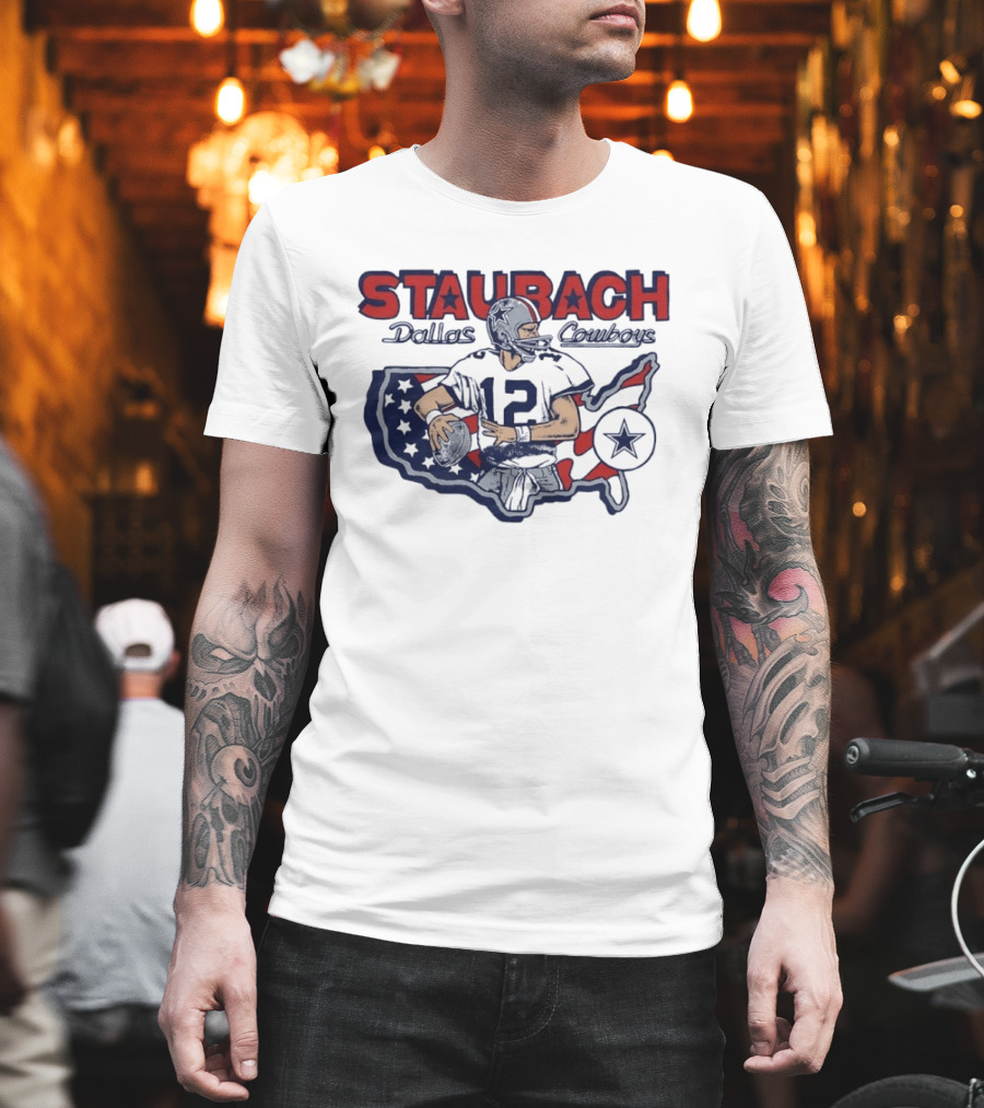 Staubach Dallas Cowboys 12 USA Map Star Helmet Football T-Shirt