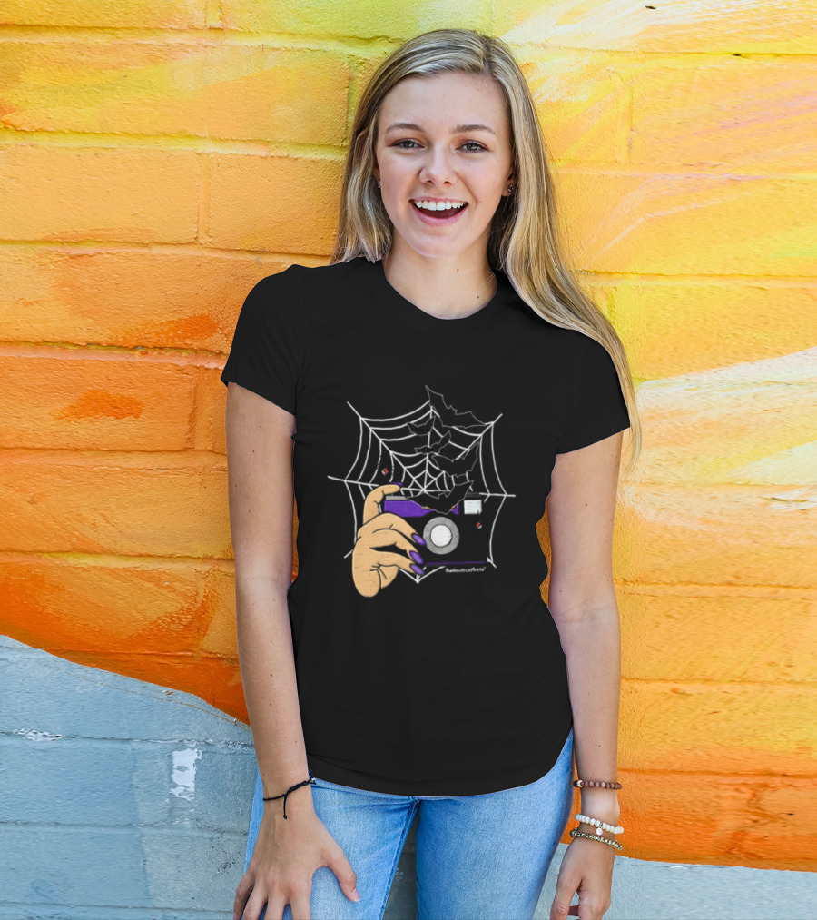 AmberNicoPhoto Camera With Bats And Spider Web Halloween T-Shirt