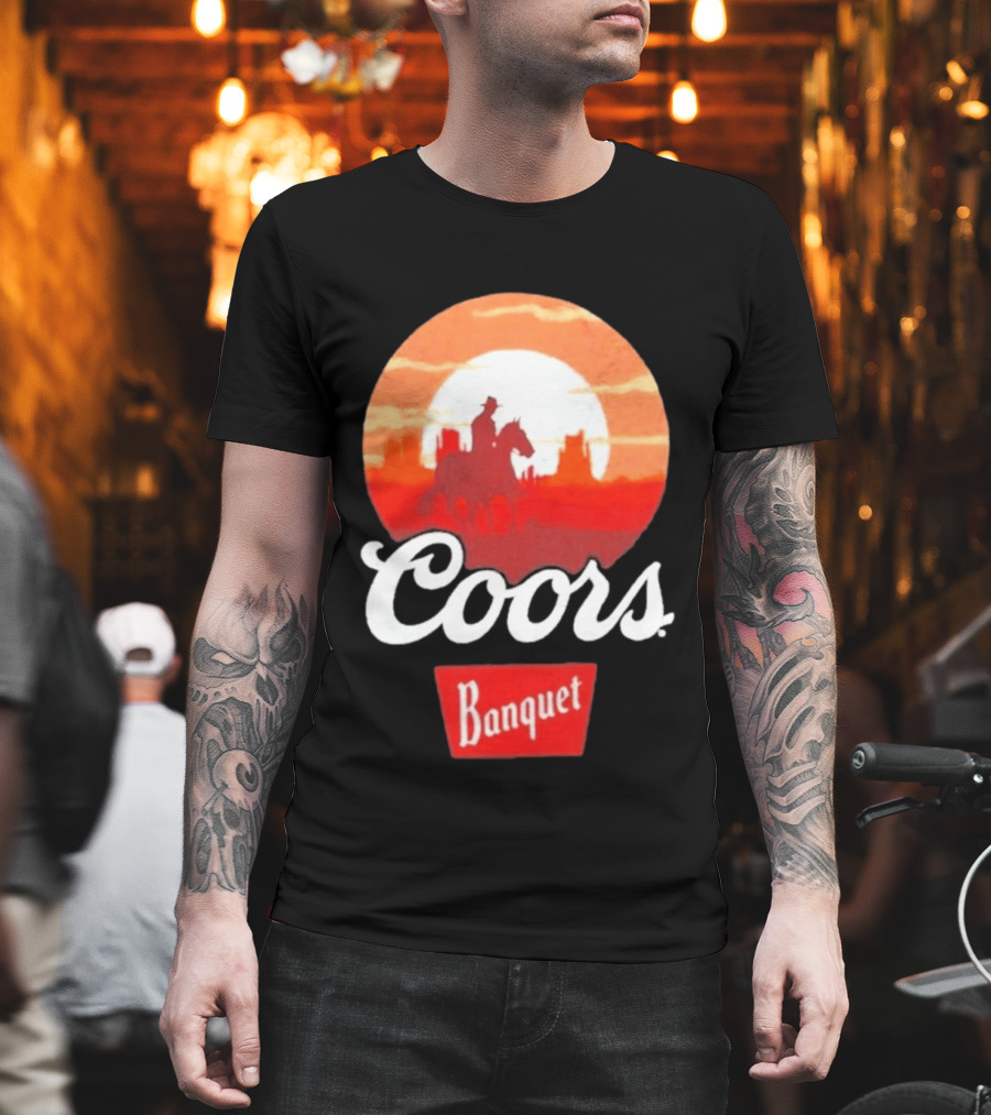 Coors Banquet Cowboy Horseback Riding At Sunset Western Scene T-Shirt