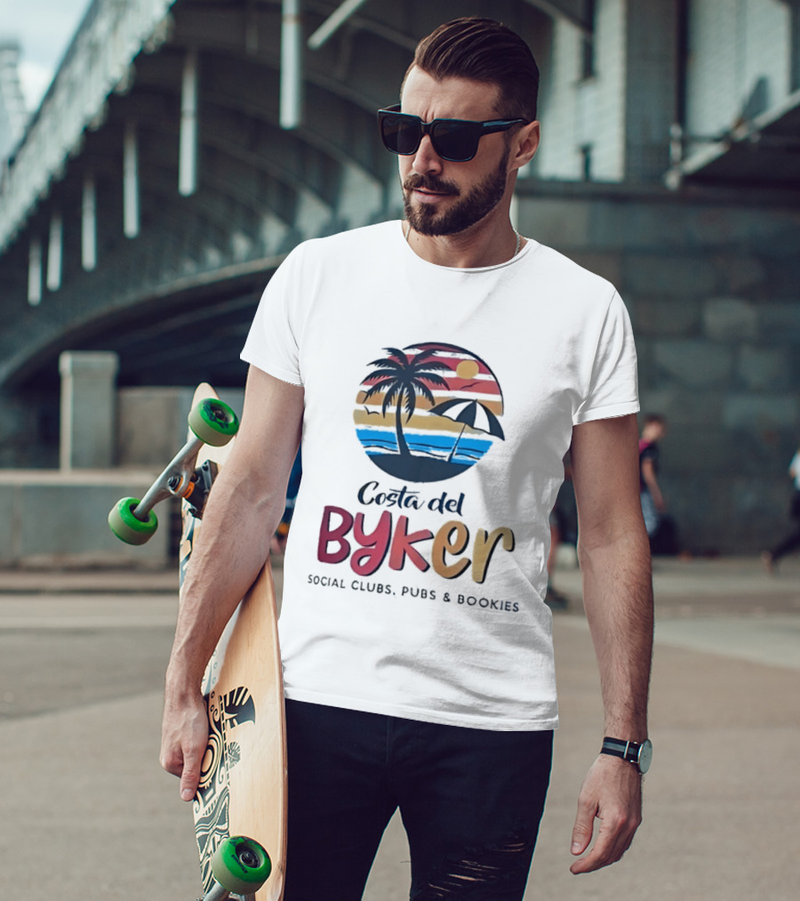 Costa Del Byker Social Clubs Pubs Bookies Palm Tree Sunset Beach Umbrella T-Shirt