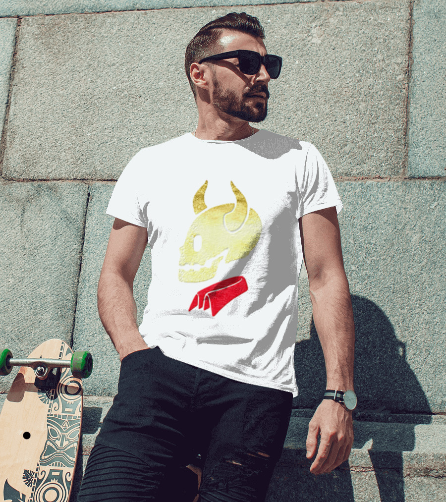 Devil Horn Skull Red Collar Gold Glitter T-Shirt