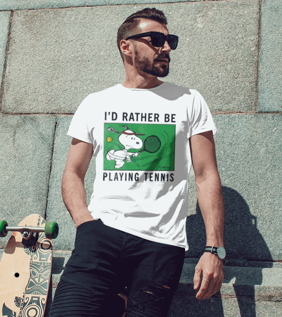 I'd Rather Be Playing Tennis Peanuts Snoopy Racquet Cartoon Green Court Schulz T-Shirt