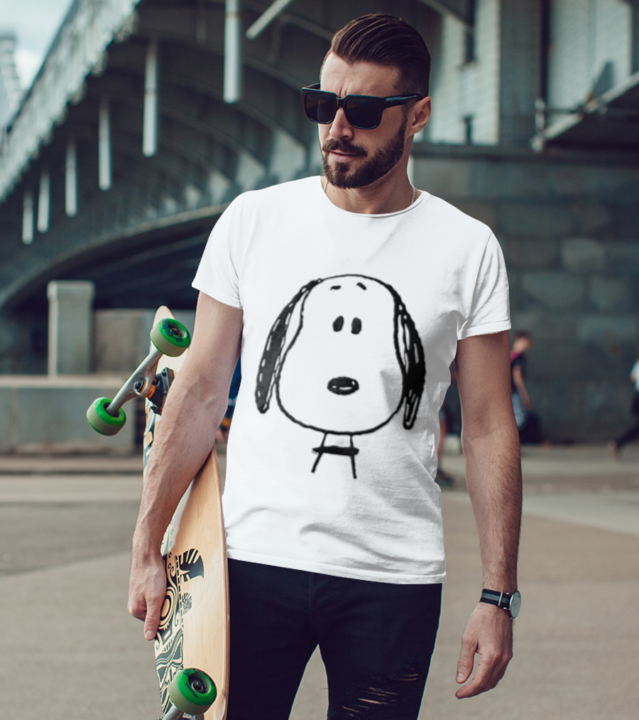 Peanuts Snoopy Dog Head Front Facing Black Line Cartoon Drawing T-Shirt