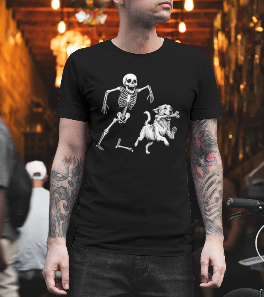 Skeleton Chasing Golden Retriever With Leg Bone T-Shirt