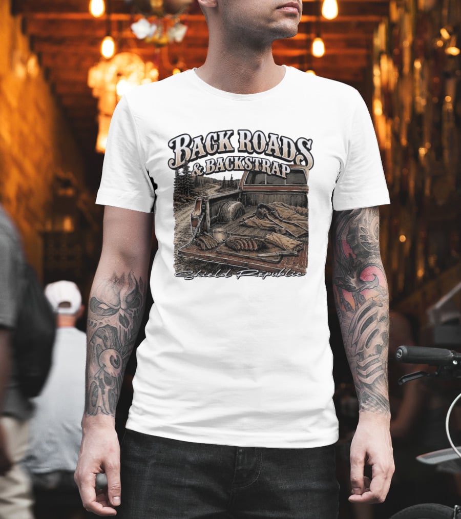 Back Roads & Backstrap Shield Republic Hunting Truck Scene T-Shirt