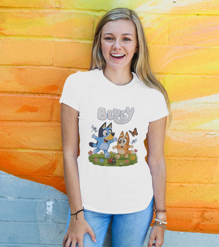 Bluey And Friends Playing With Bugs And Butterflies In The Meadow T-Shirt